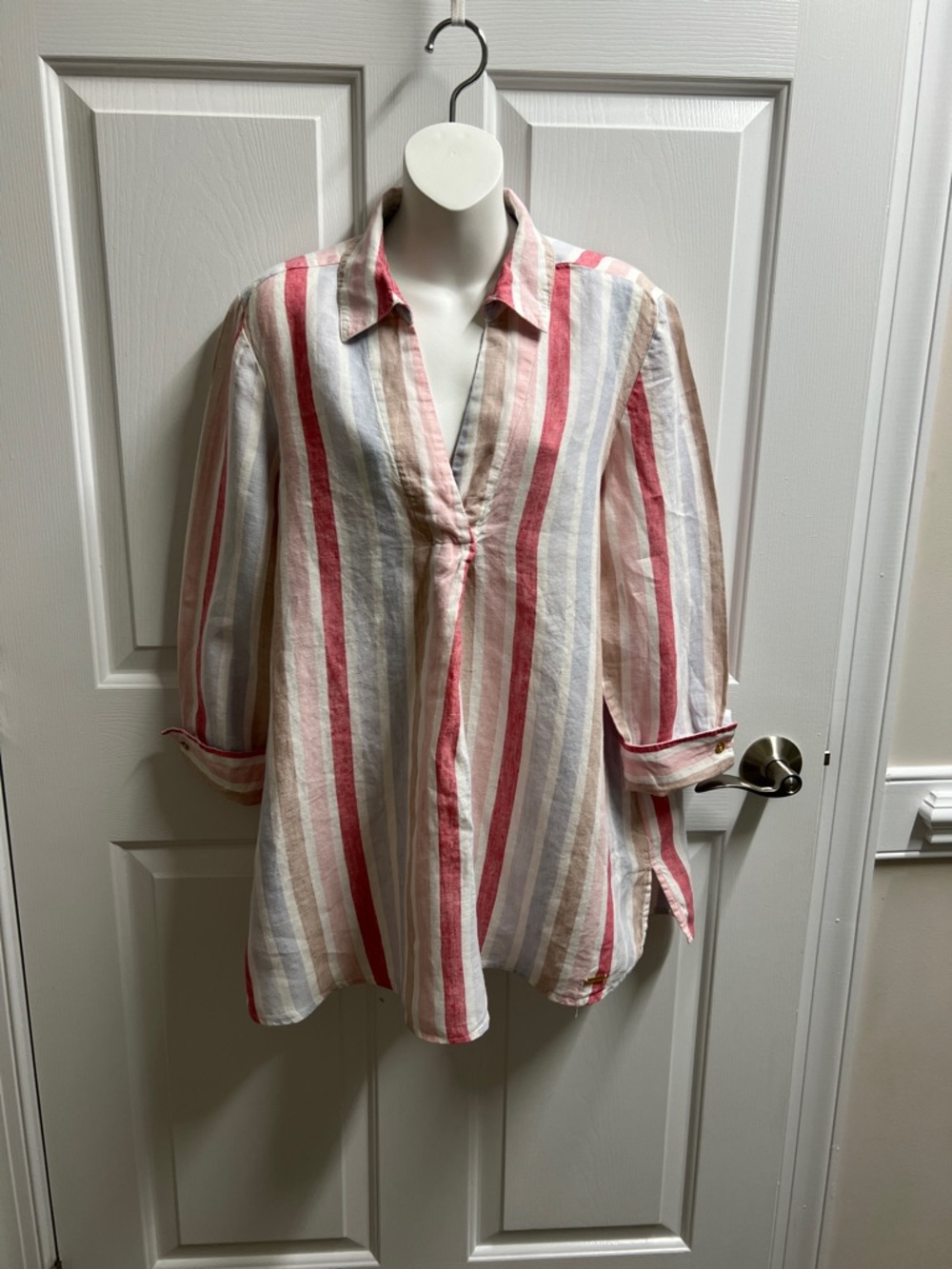 Ellen Tracy blouse top women’s linen V-Neck Tunic red Cream sky Blue large L